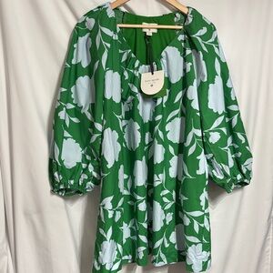 Kate Spade White Floral Green Dress SZ S 100% Cotton